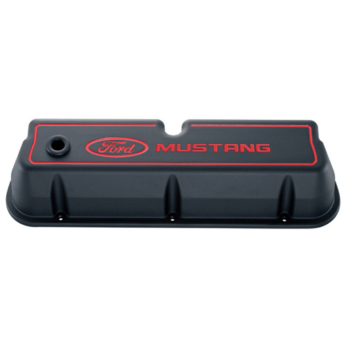 FORD MUSTANG DIE-CAST VALVE COVERS BLACK CRINKLE FINISH WITH RED LOGO
