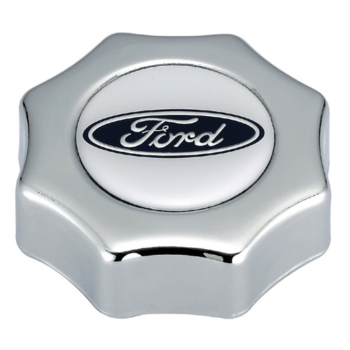 FORD OVAL LOGO OIL FILL CAP: SCREW IN TYPE; CHROME FINISH